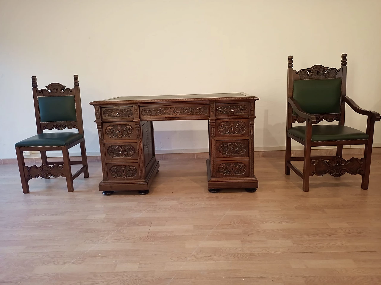 Walnut and green leather desk, armchair and chair, 19th century 23