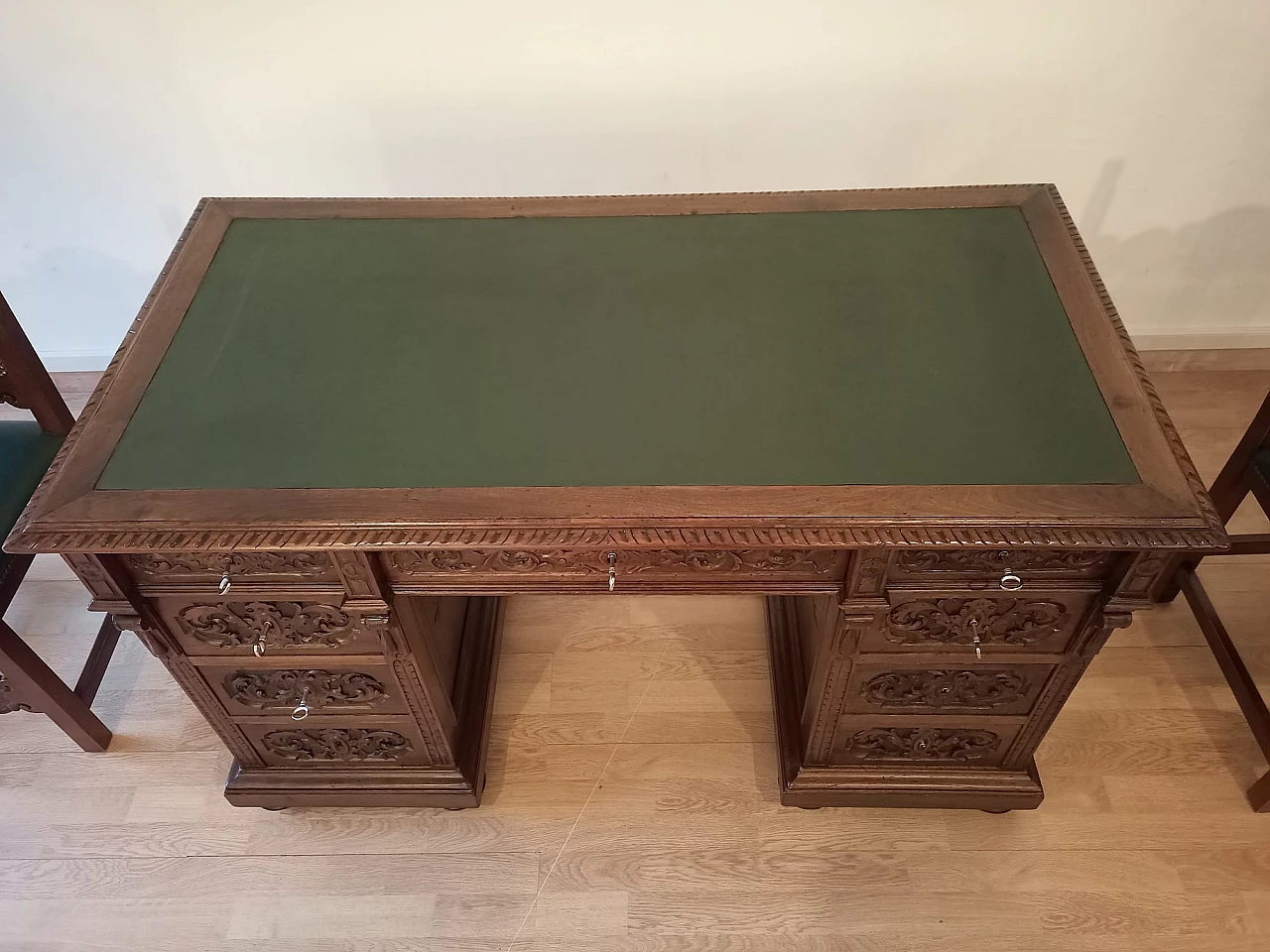 Walnut and green leather desk, armchair and chair, 19th century 24