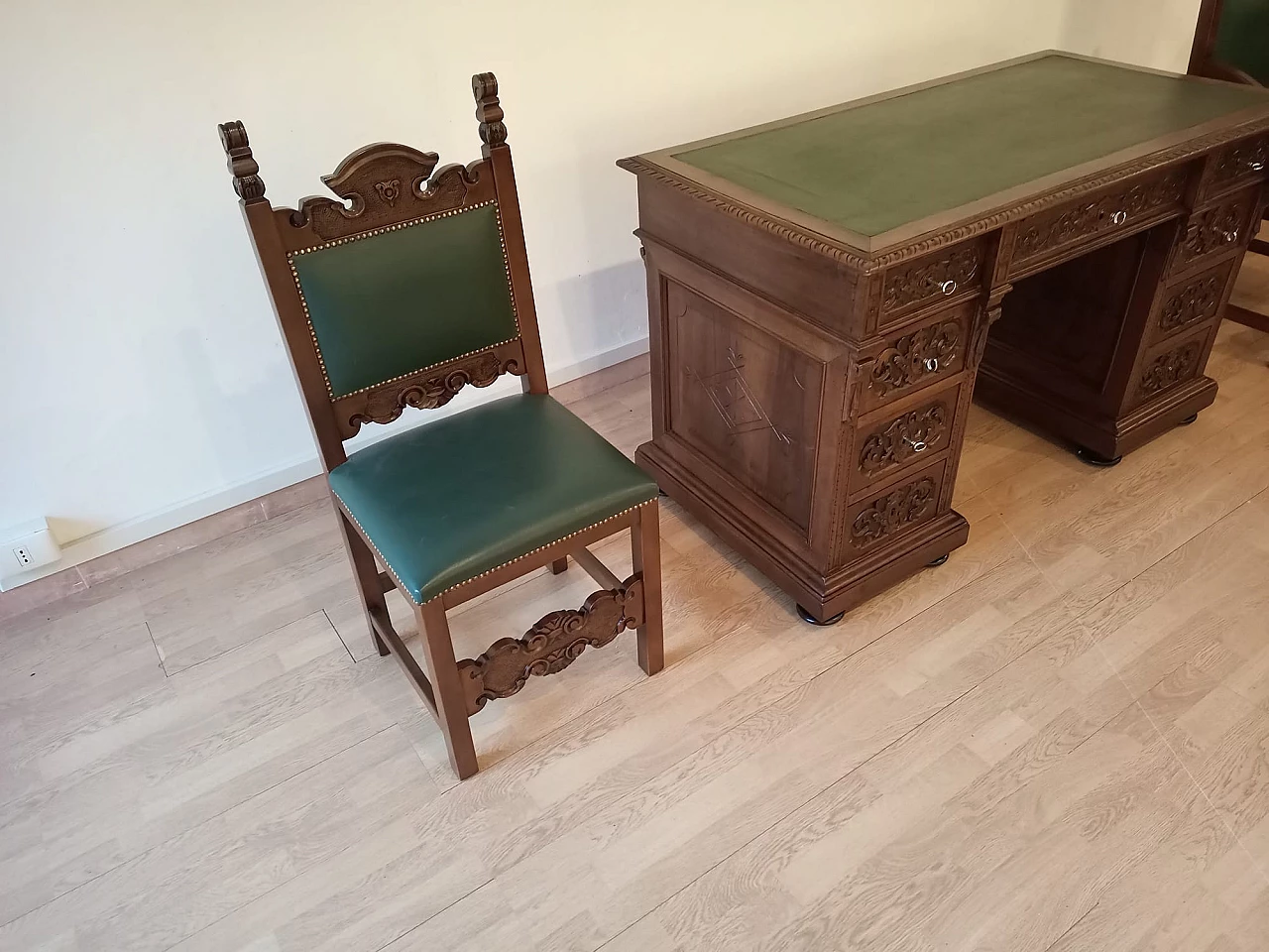 Walnut and green leather desk, armchair and chair, 19th century 25