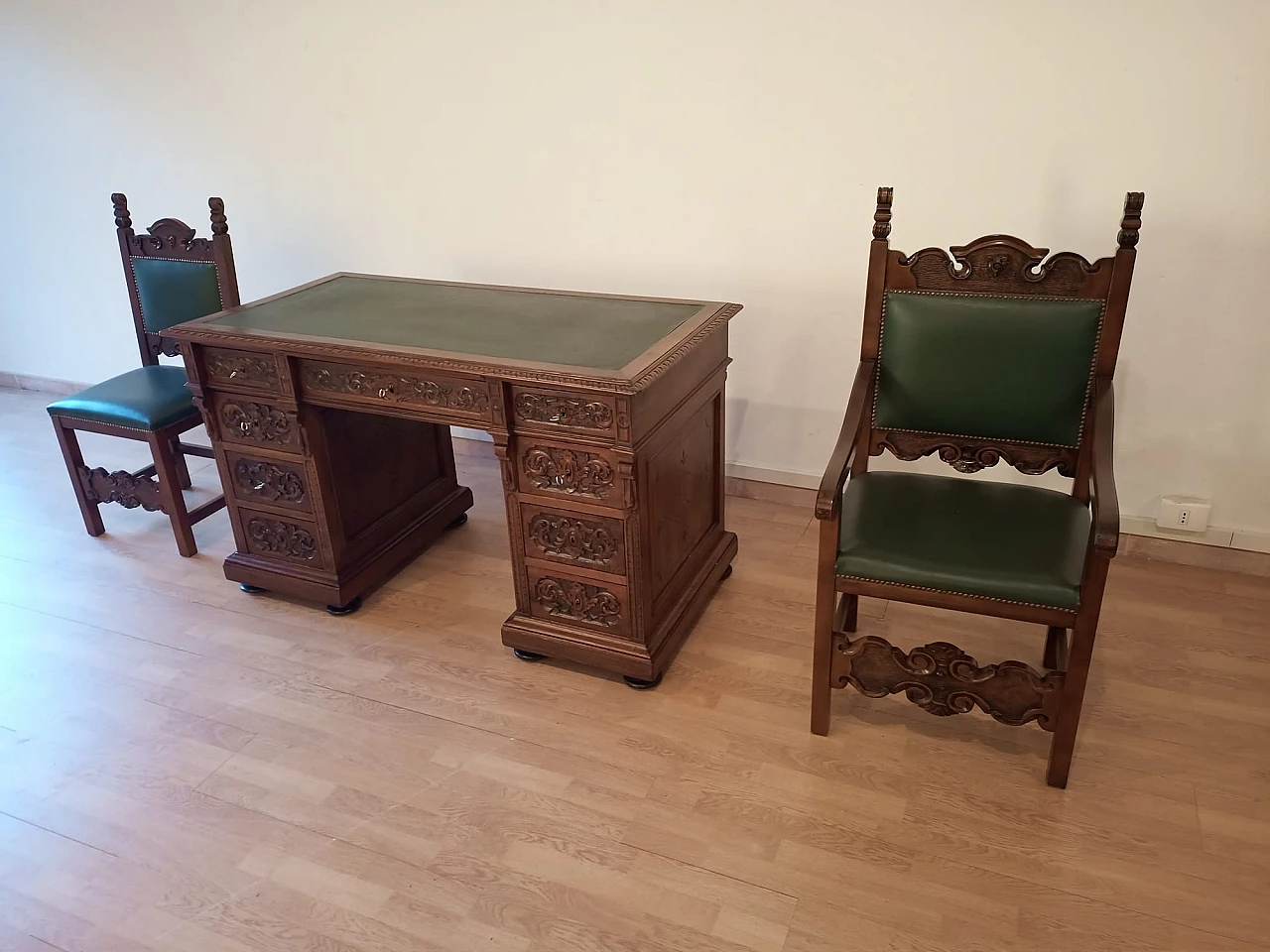 Walnut and green leather desk, armchair and chair, 19th century 26