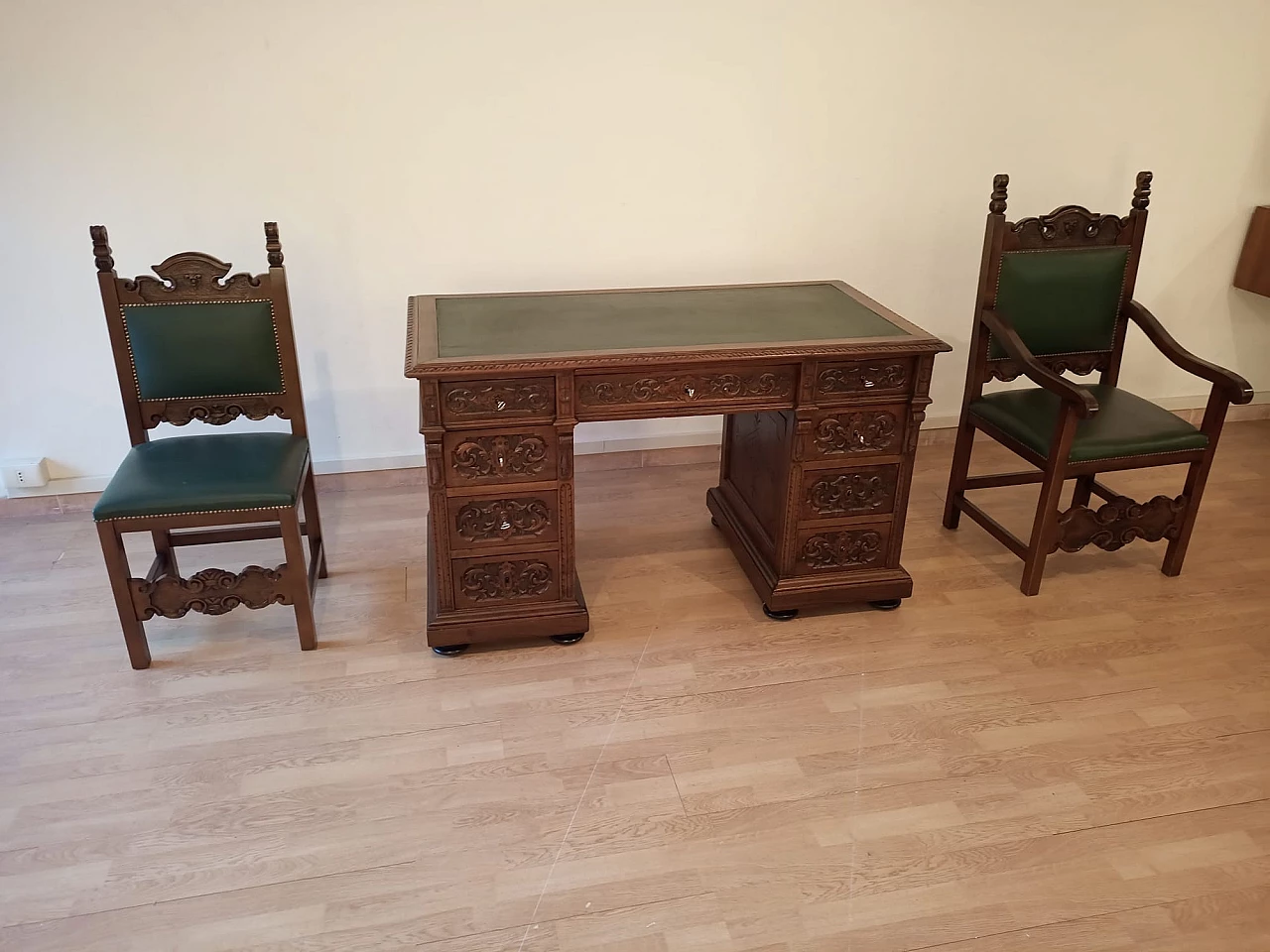 Walnut and green leather desk, armchair and chair, 19th century 27