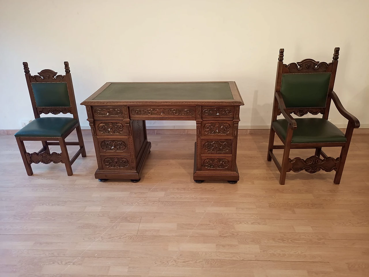 Walnut and green leather desk, armchair and chair, 19th century 28