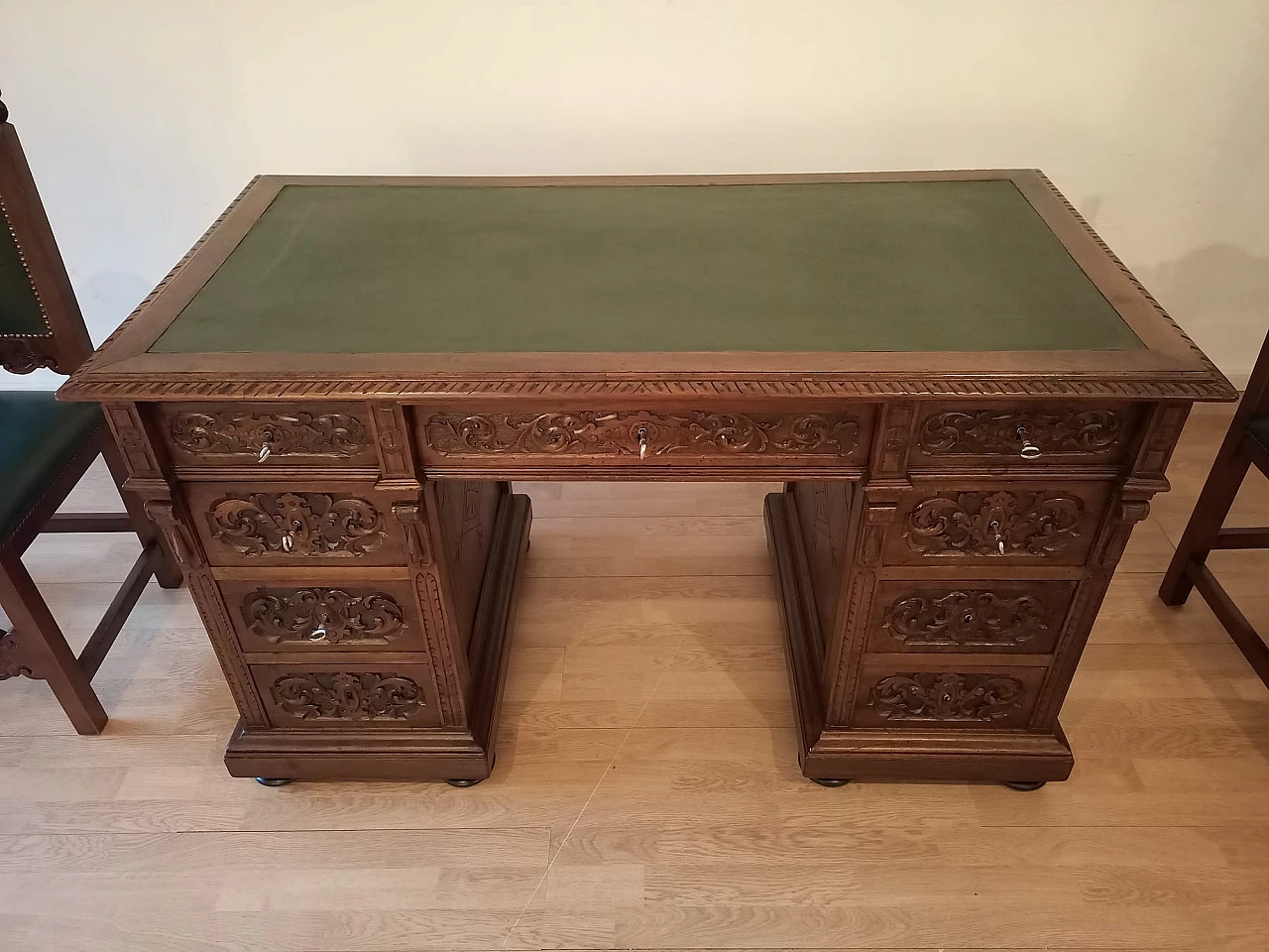 Walnut and green leather desk, armchair and chair, 19th century 29