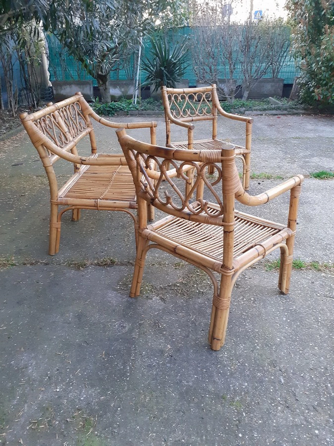 Bamboo sofa and pair of armchairs, 1970s 8