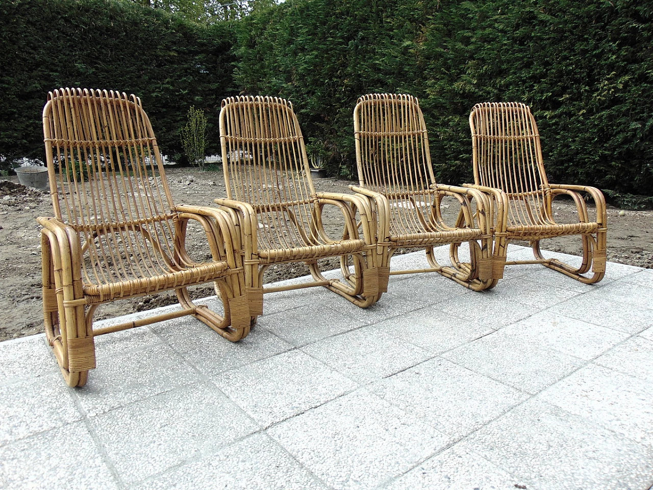 4 Bamboo armchairs, 1970s 1