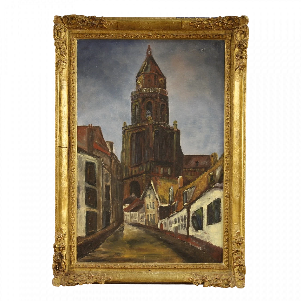 Dipinto olandese in stile impressionista di veduta di cattedrale, olio su tela, anni '60 13