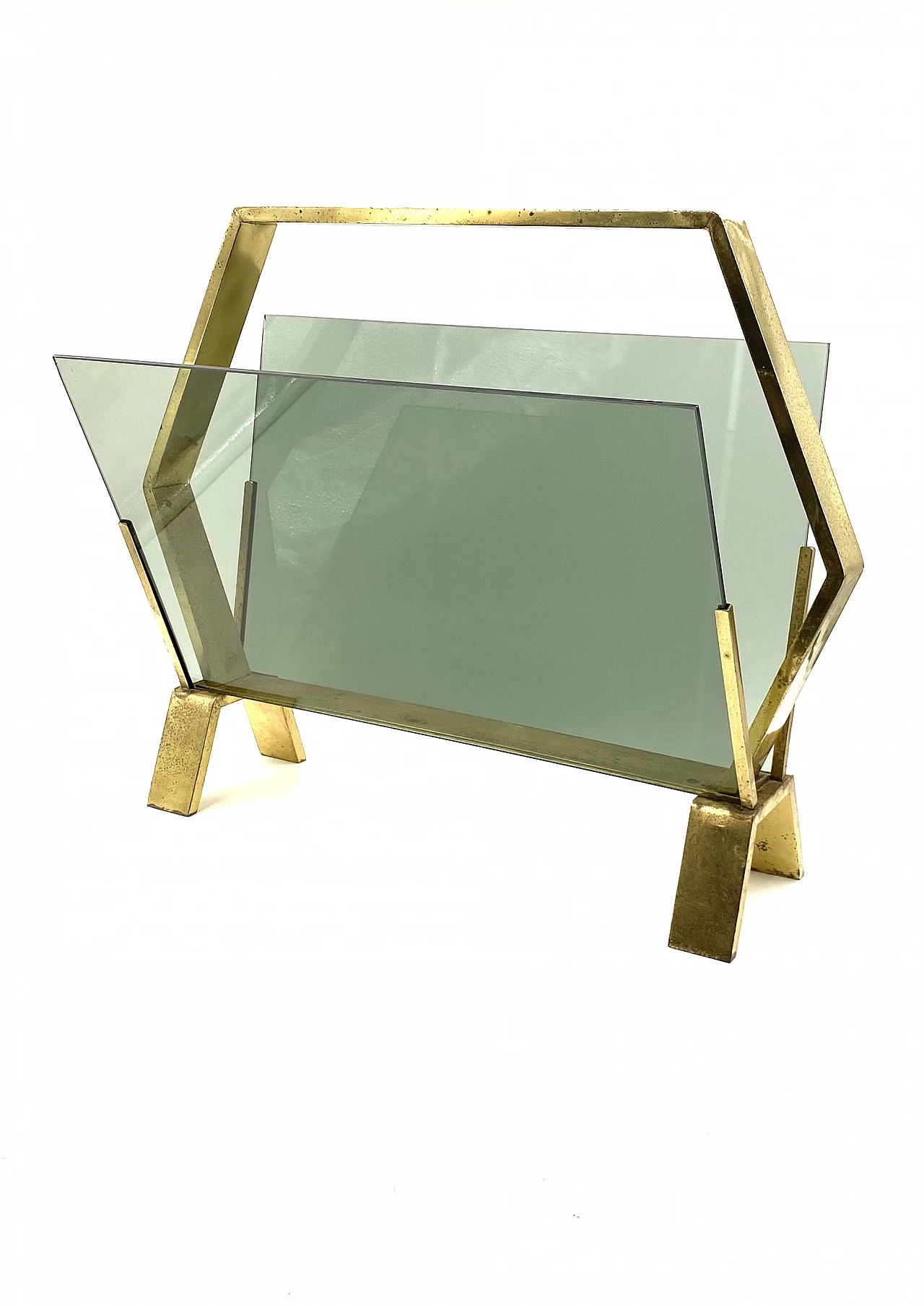 Brass and smoked glass magazine rack, 1970s 1