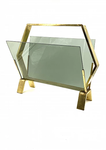 Brass and smoked glass magazine rack, 1970s