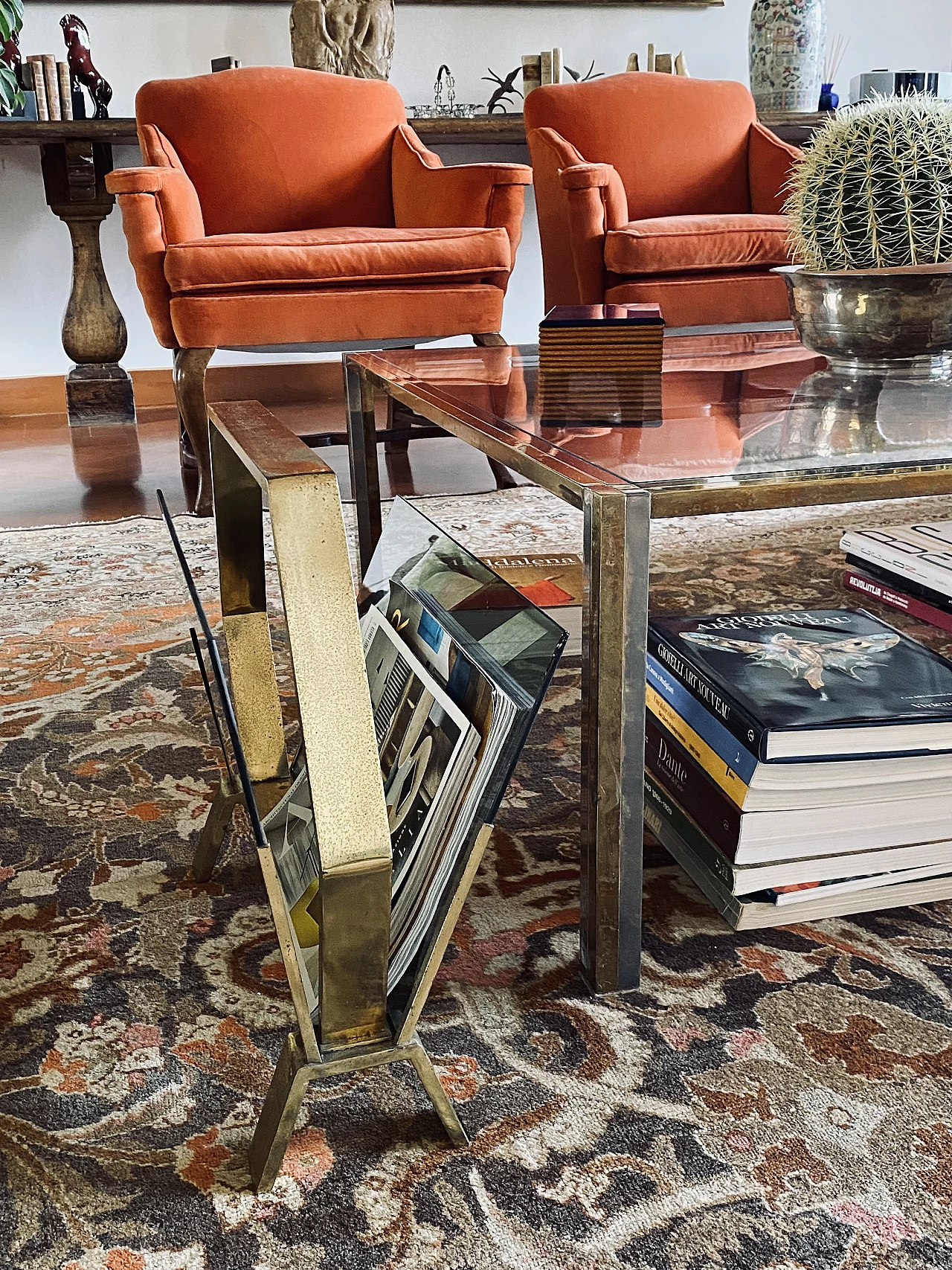 Brass and smoked glass magazine rack, 1970s 2