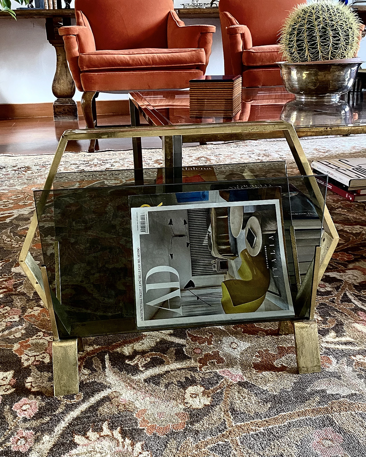 Brass and smoked glass magazine rack, 1970s 4