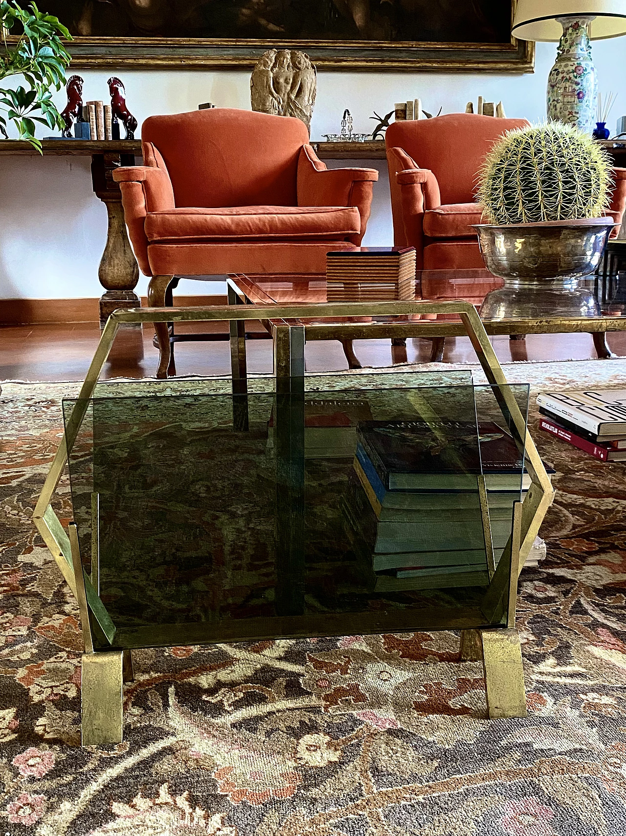 Brass and smoked glass magazine rack, 1970s 5
