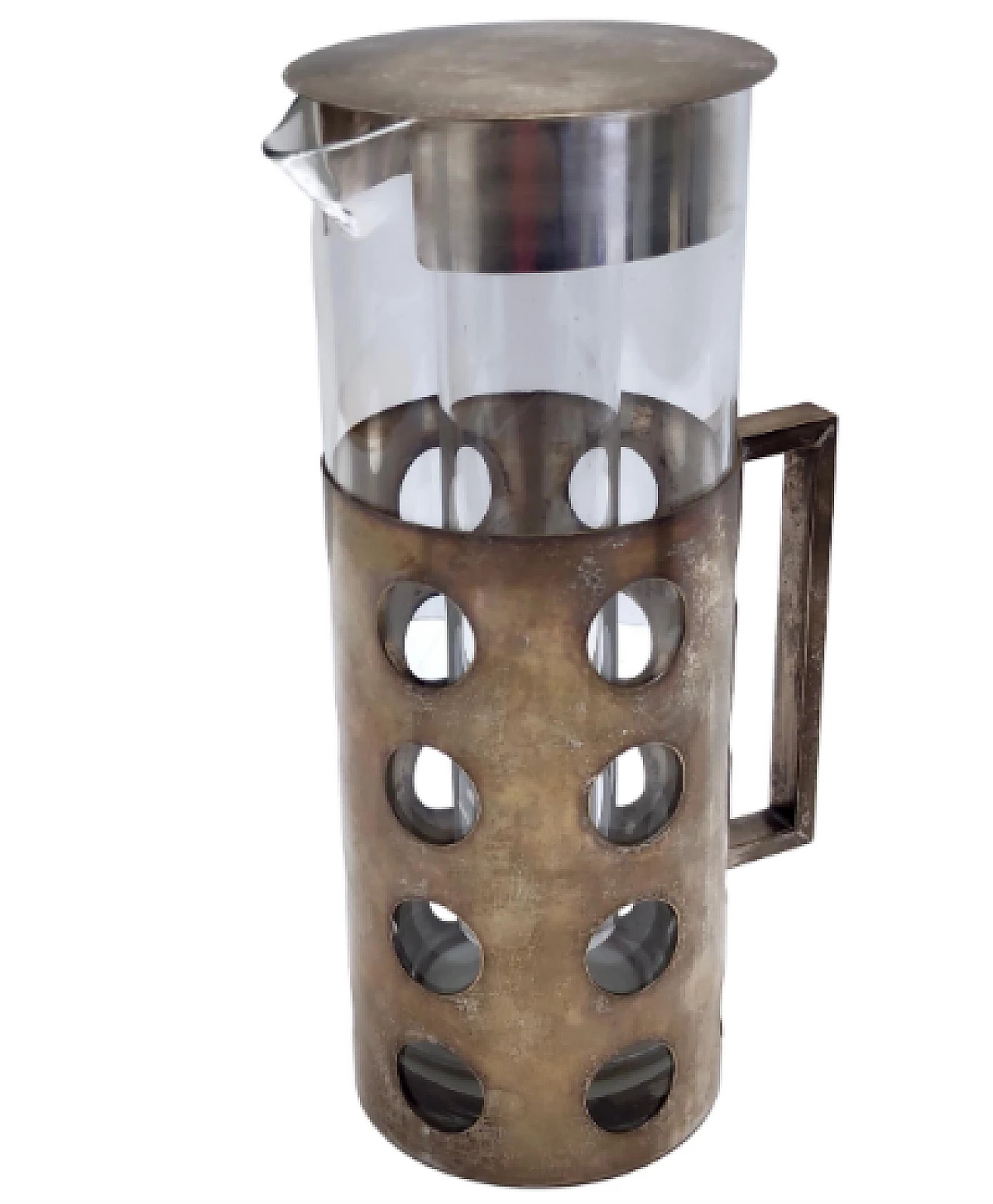 Brocca con scomparto per ghiaccio in cristallo e ottone placcato argento, anni '60 1