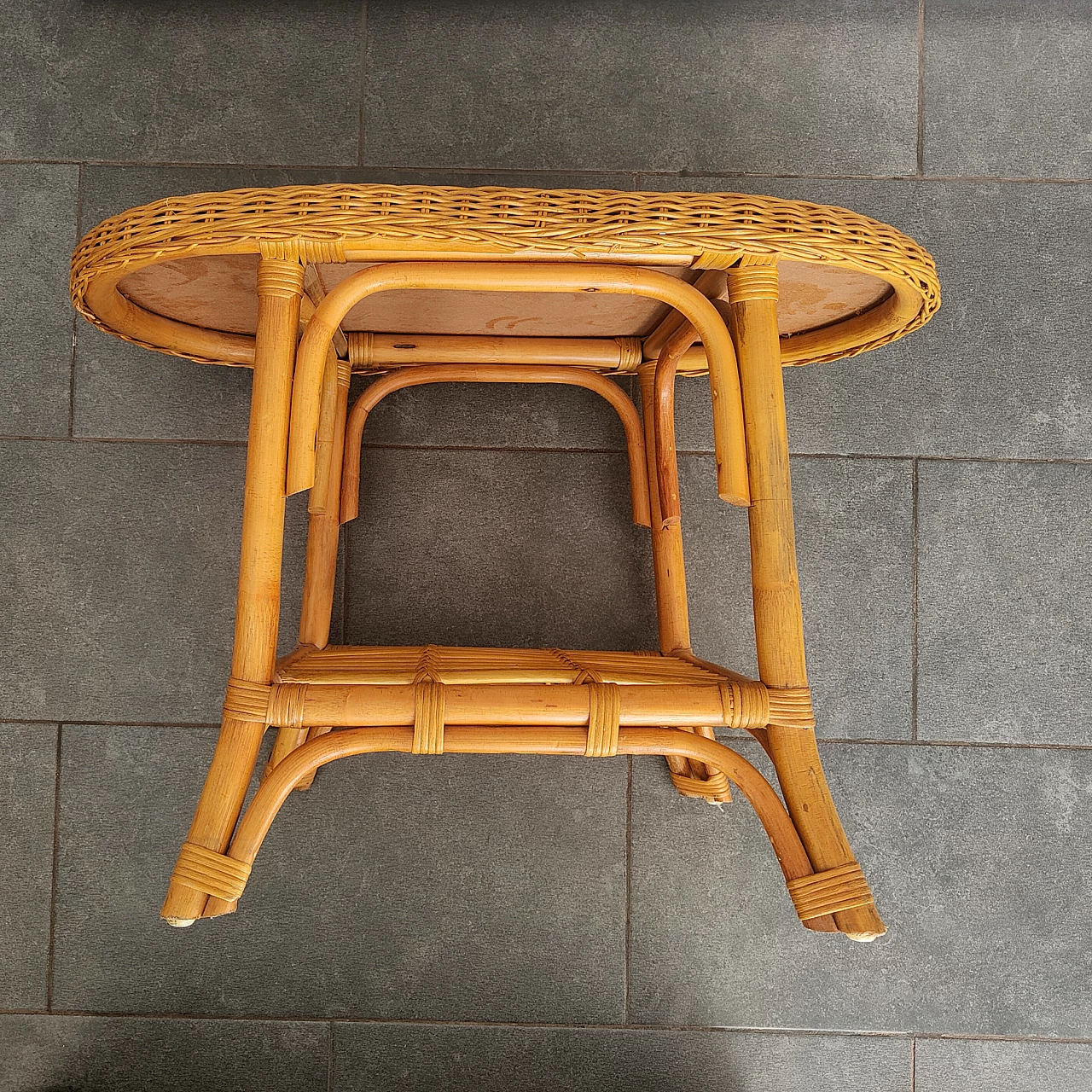 Bamboo and wicker coffee table with double shelf, 1970s 2