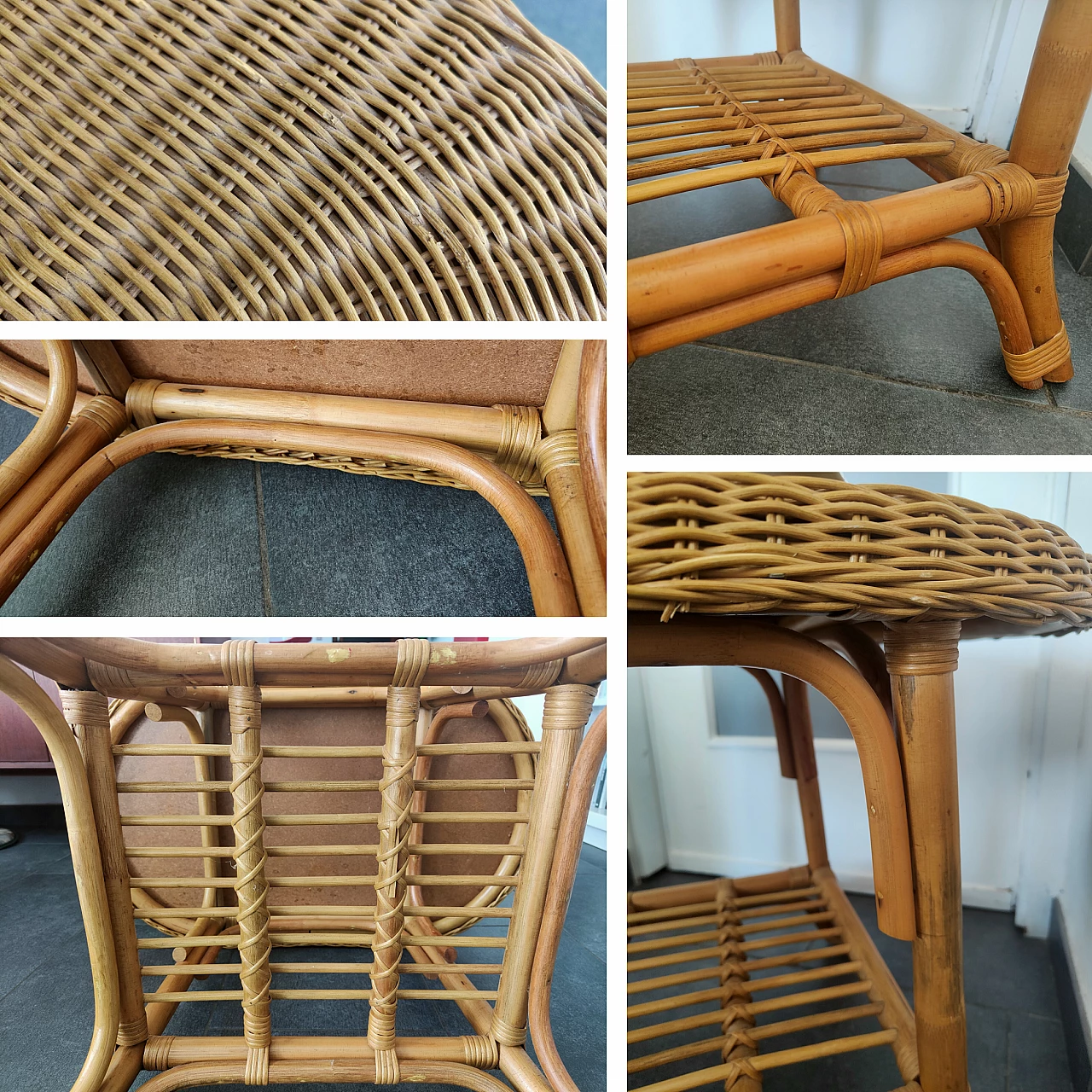 Bamboo and wicker coffee table with double shelf, 1970s 4