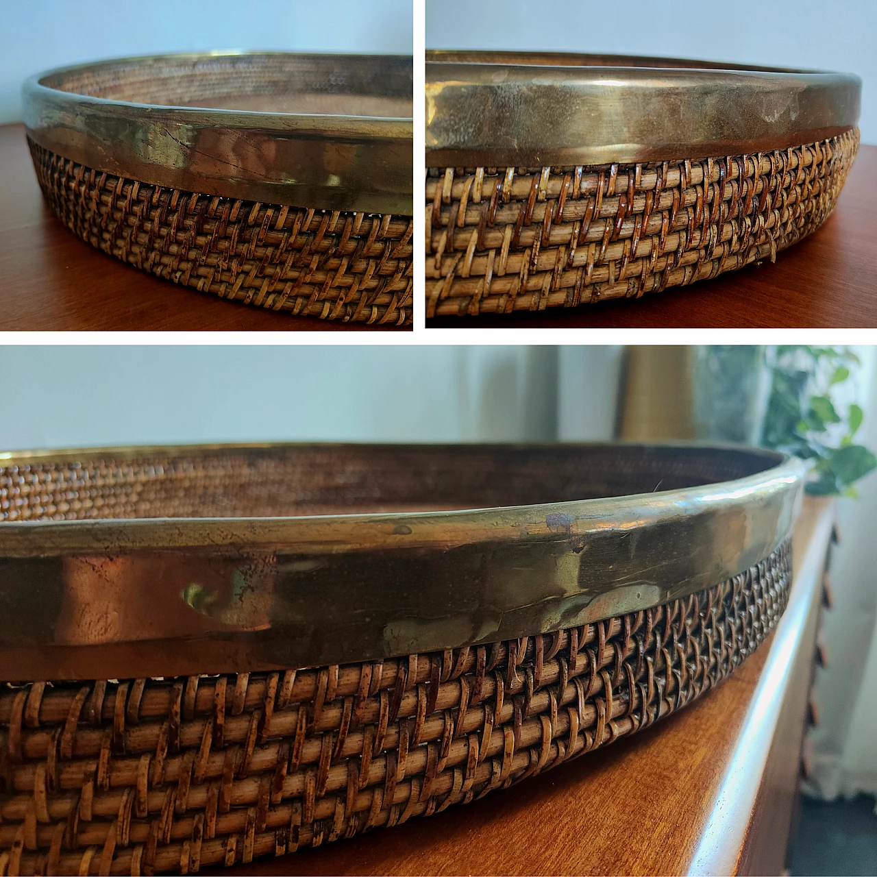 Wicker and brass tray in the style of Gabriella Crespi, 1970s 4