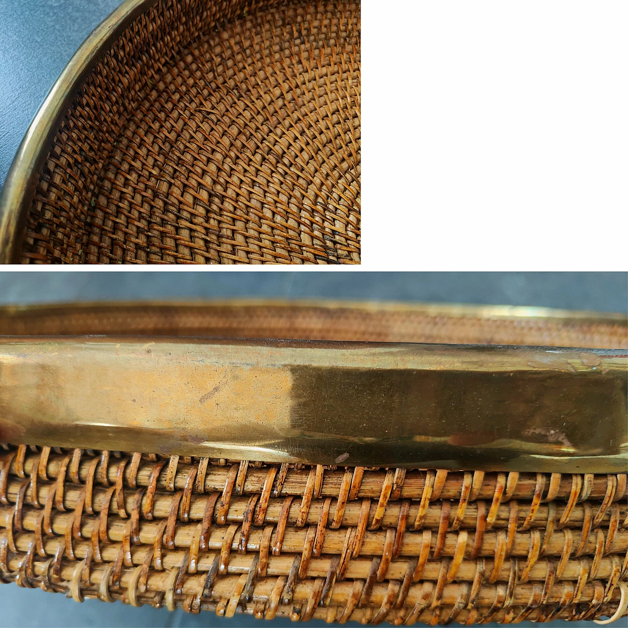Wicker and brass tray in the style of Gabriella Crespi, 1970s 5