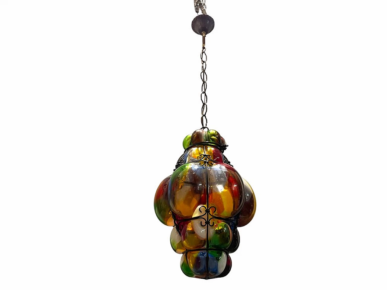 Lampada a sospensione in ferro battuto e vetro multicolore, anni '50 1