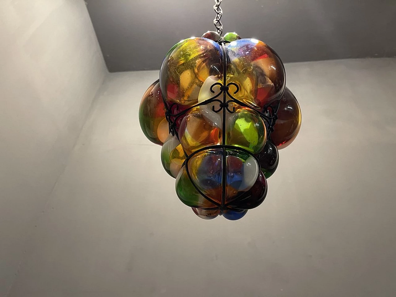 Wrought iron and multicolor glass hanging lamp, 1950s 2