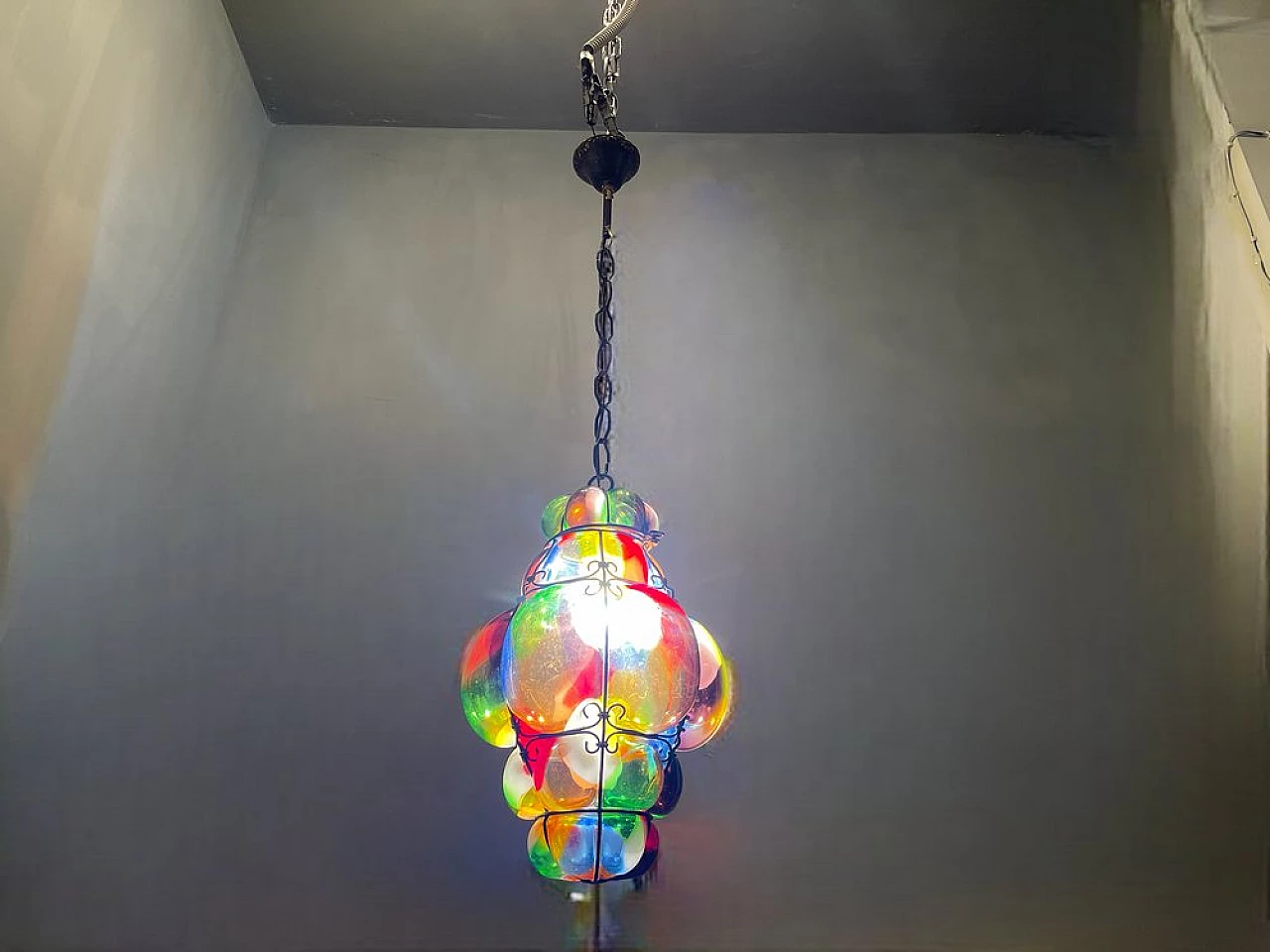 Wrought iron and multicolor glass hanging lamp, 1950s 3