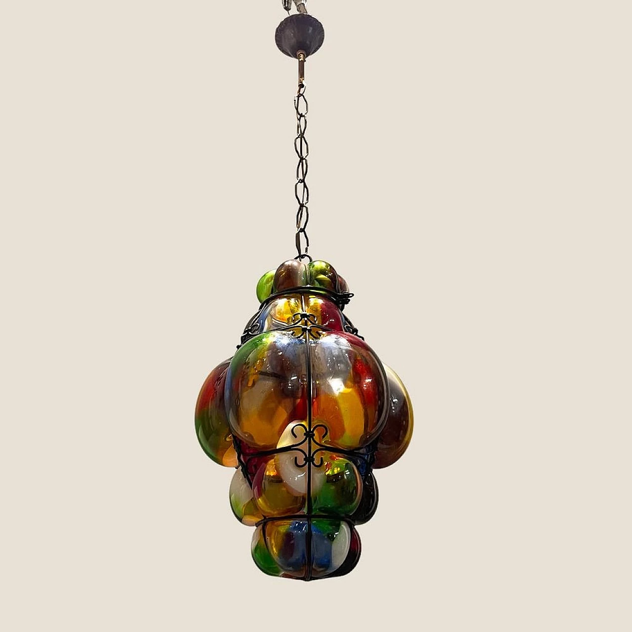 Wrought iron and multicolor glass hanging lamp, 1950s 4