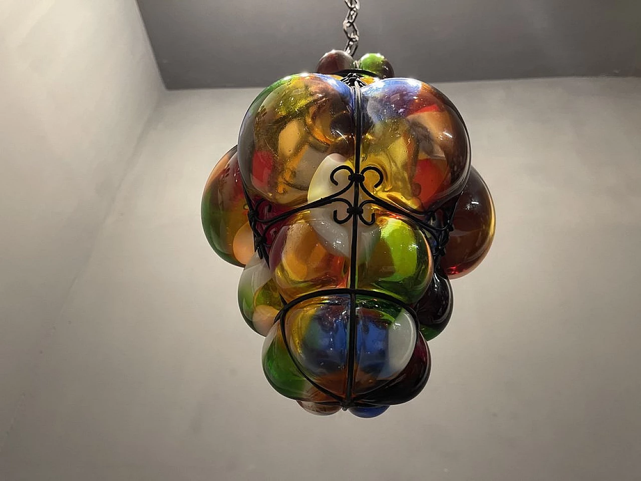Wrought iron and multicolor glass hanging lamp, 1950s 5