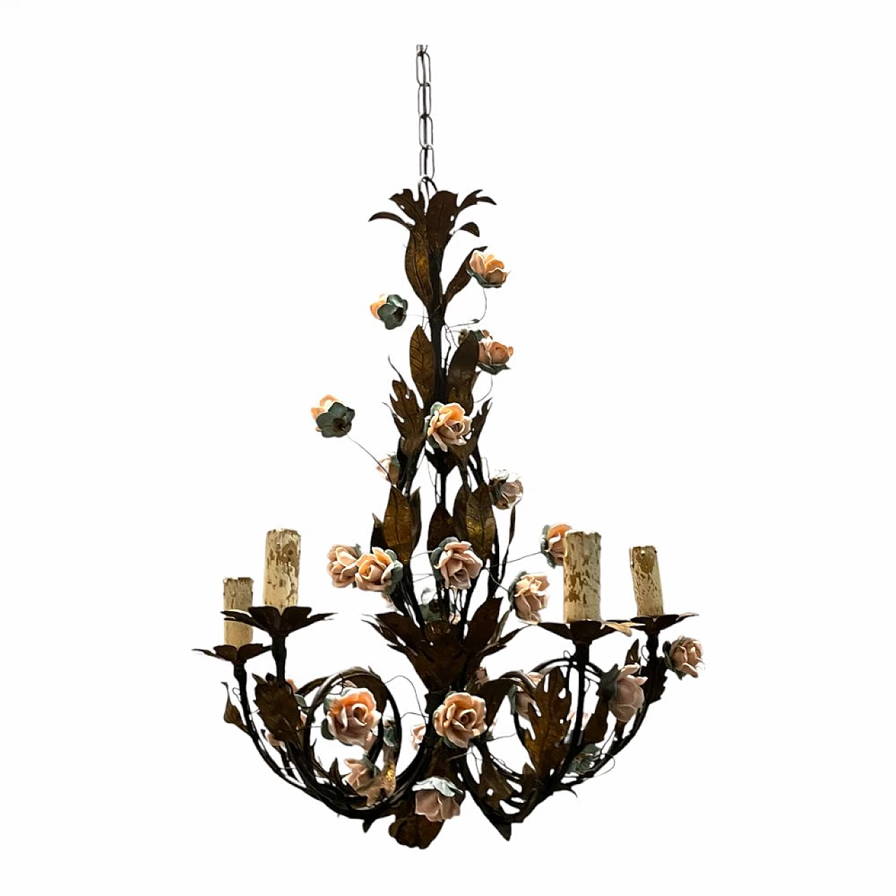Lampadario con fiori di rosa in porcellana di Tole, anni '60 1