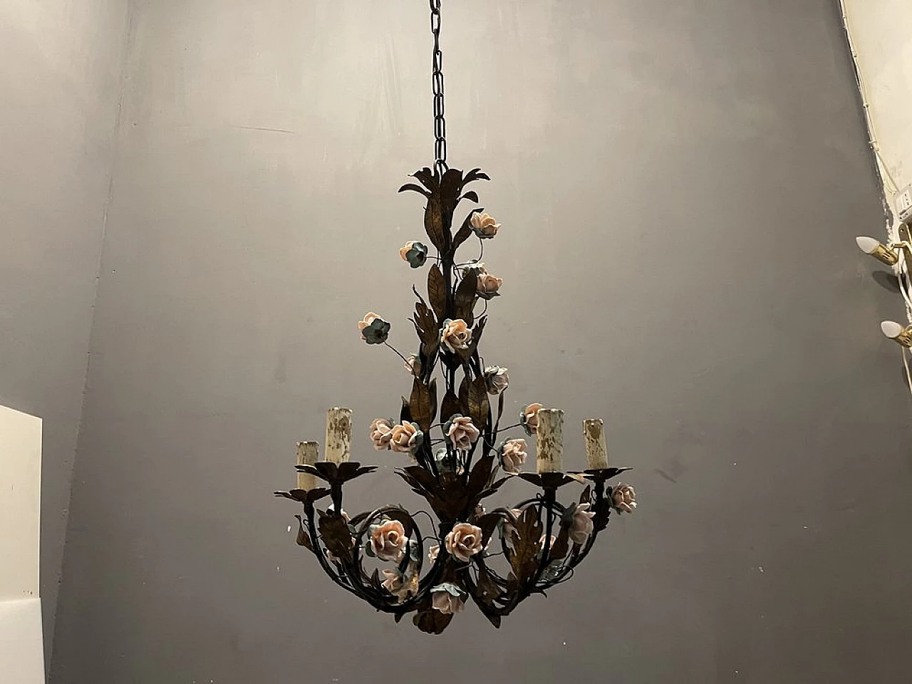 Rose flower chandelier in porcelain by Tole, 1960s 2