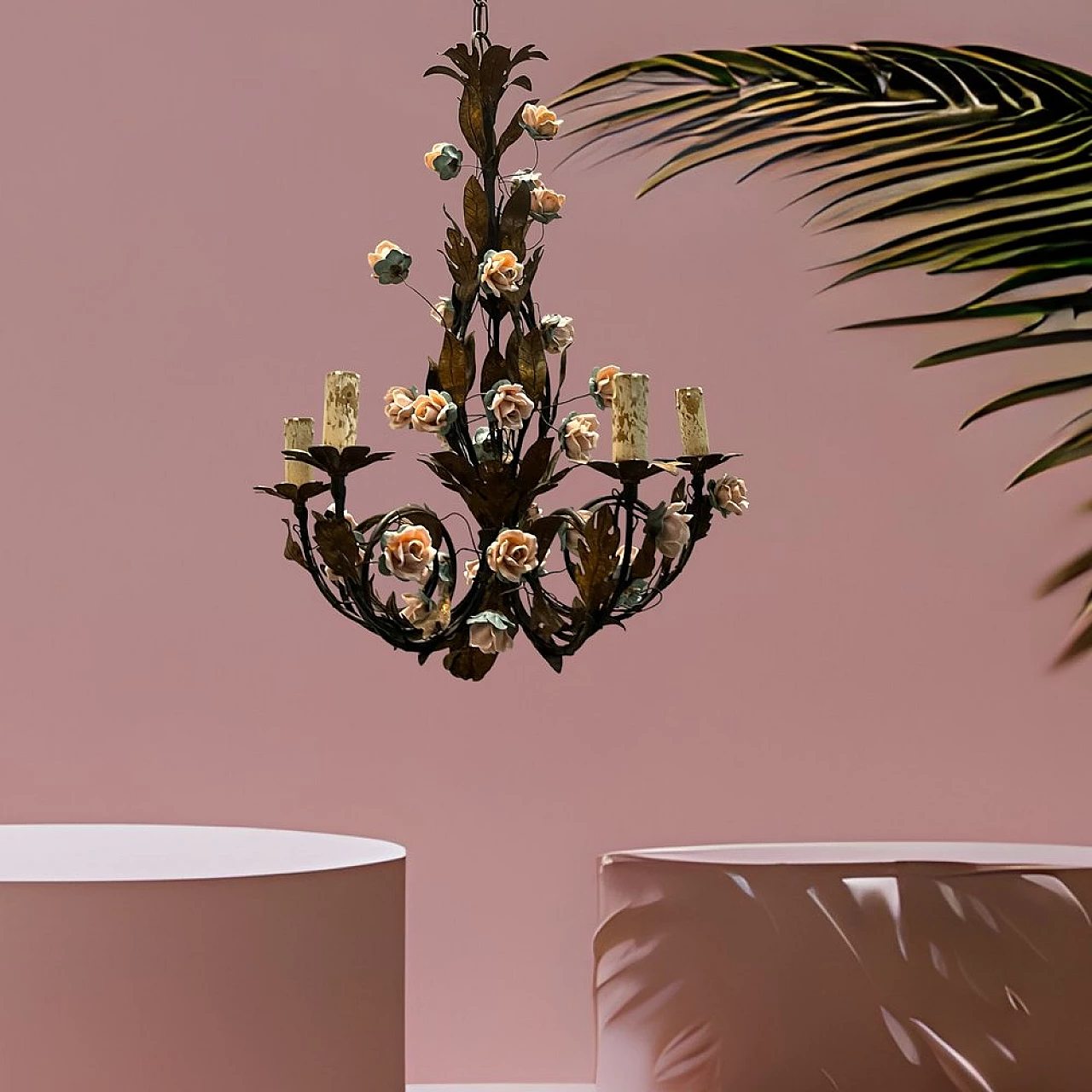 Rose flower chandelier in porcelain by Tole, 1960s 6