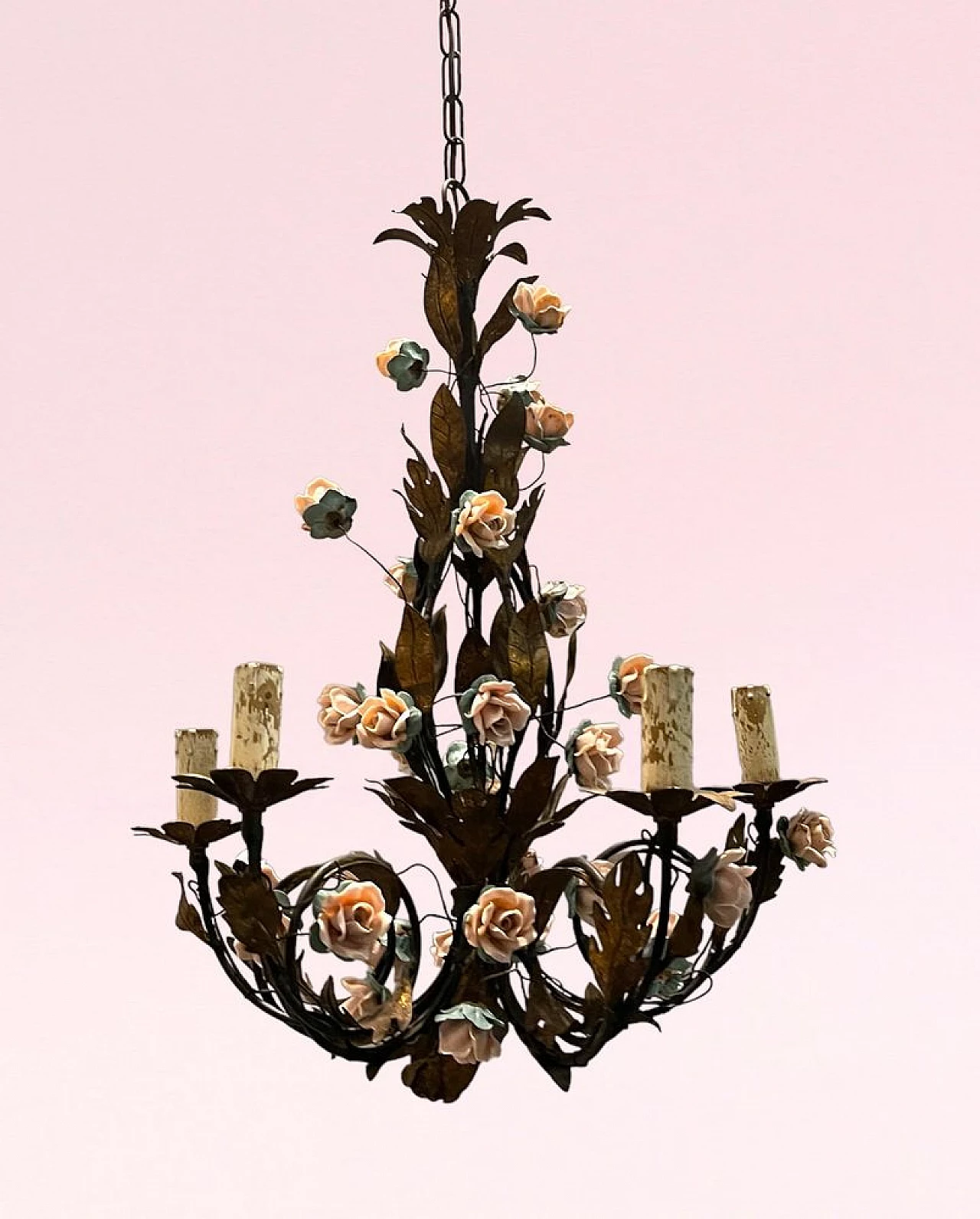 Rose flower chandelier in porcelain by Tole, 1960s 7