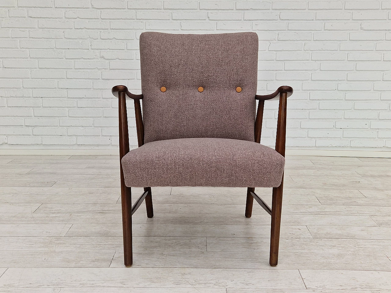 Swedish armchair upholstered in wool with leather buttons, 1960s 2