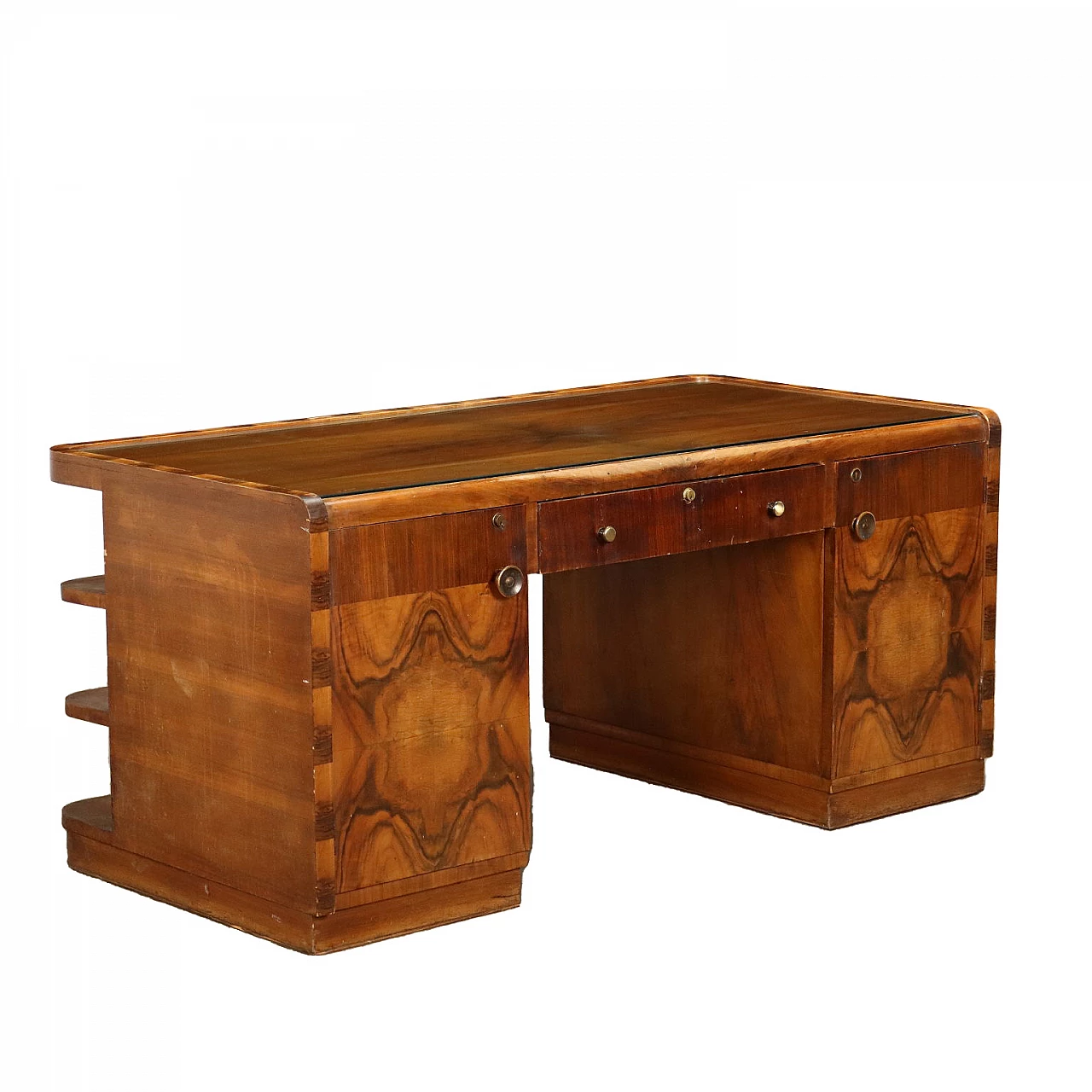 Walnut veneered desk with glass top, 1940s 1