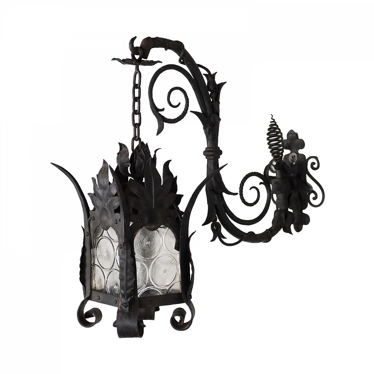 Wrought iron and glass lantern wall sconce, early 1900s 1