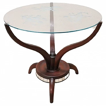 Tavolino rotondo con base in legno e piano in vetro con decorazioni, anni '50