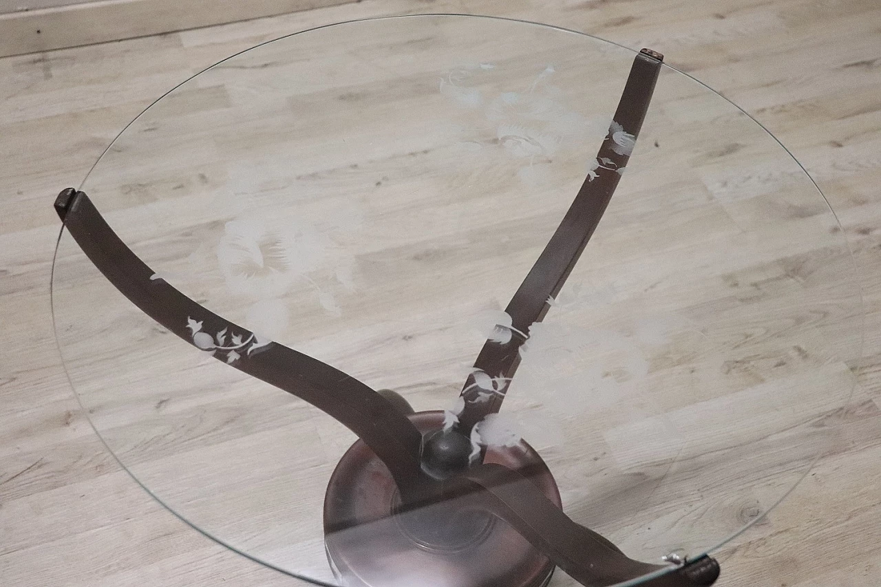 Round coffee table with wooden base and decorated glass top, 1950s 6