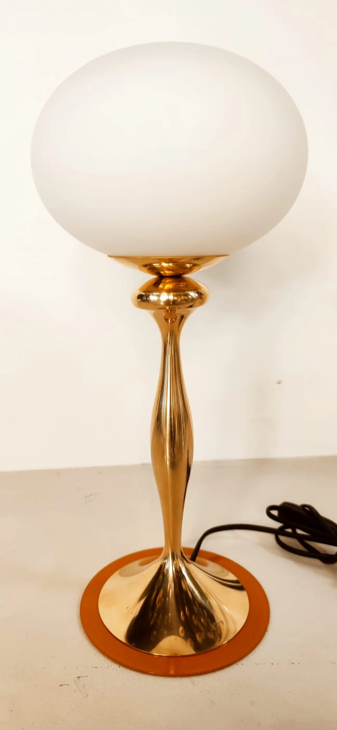 Brass table lamp with oval glass and orange disc, 1960s 1