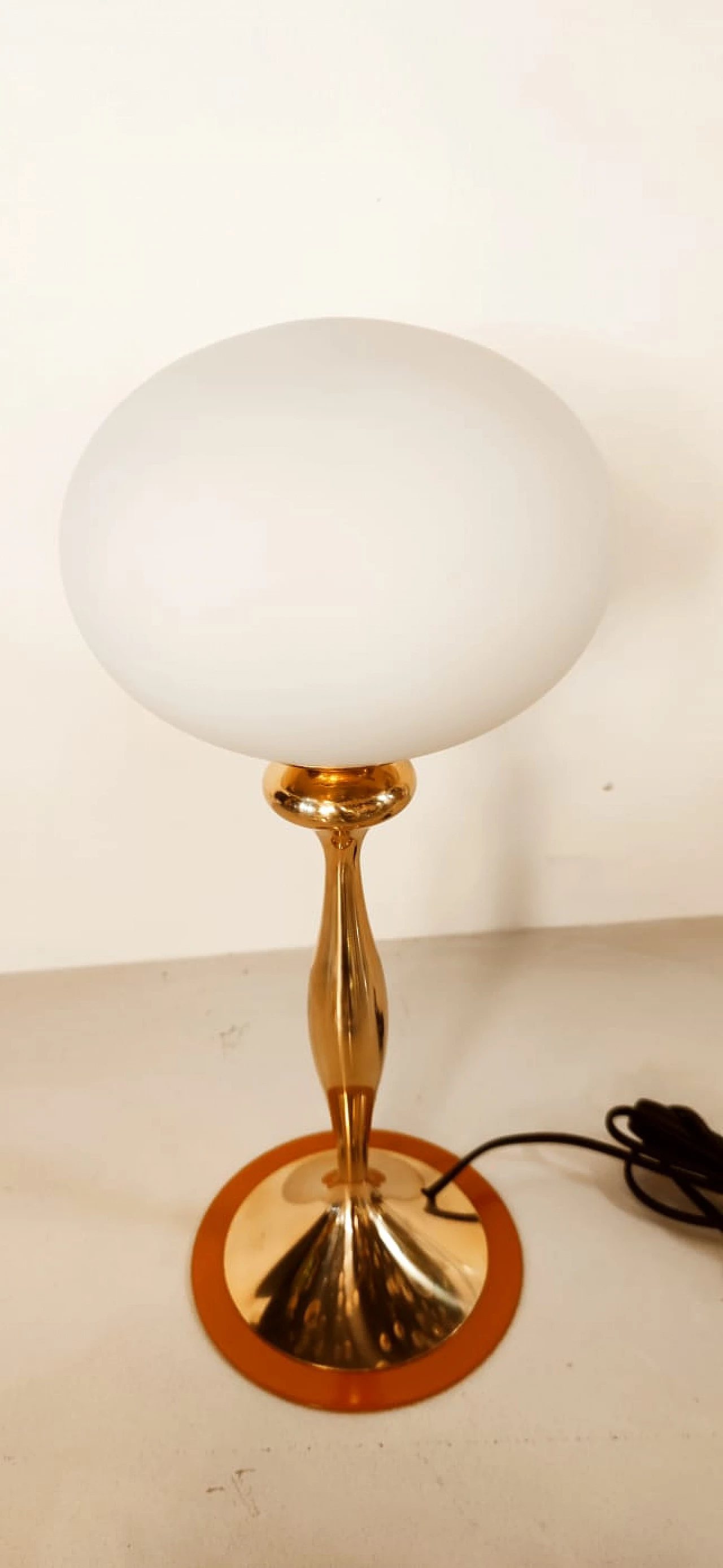 Brass table lamp with oval glass and orange disc, 1960s 3
