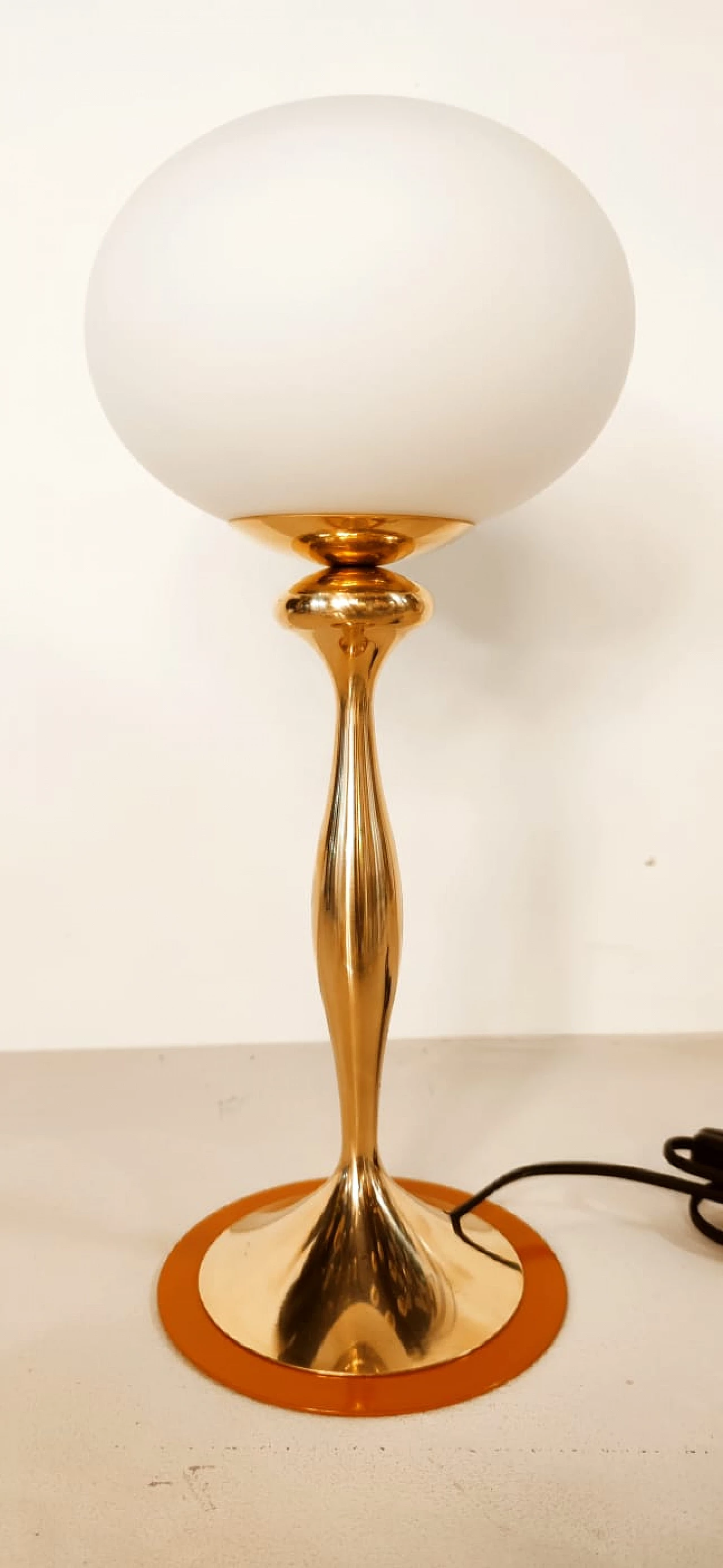 Brass table lamp with oval glass and orange disc, 1960s 4