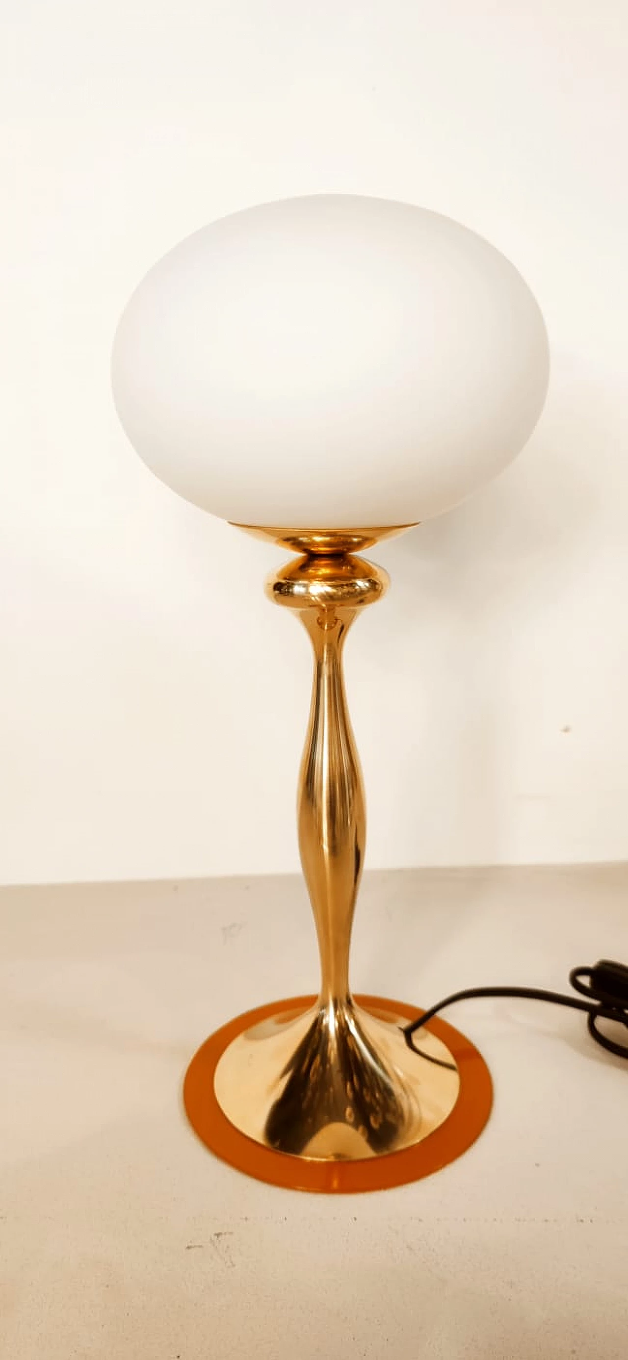 Brass table lamp with oval glass and orange disc, 1960s 5