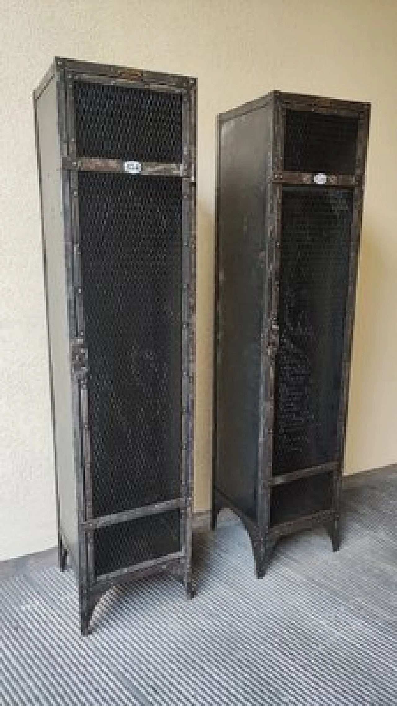 Pair of iron lockers with wooden shelves, 1950s 2