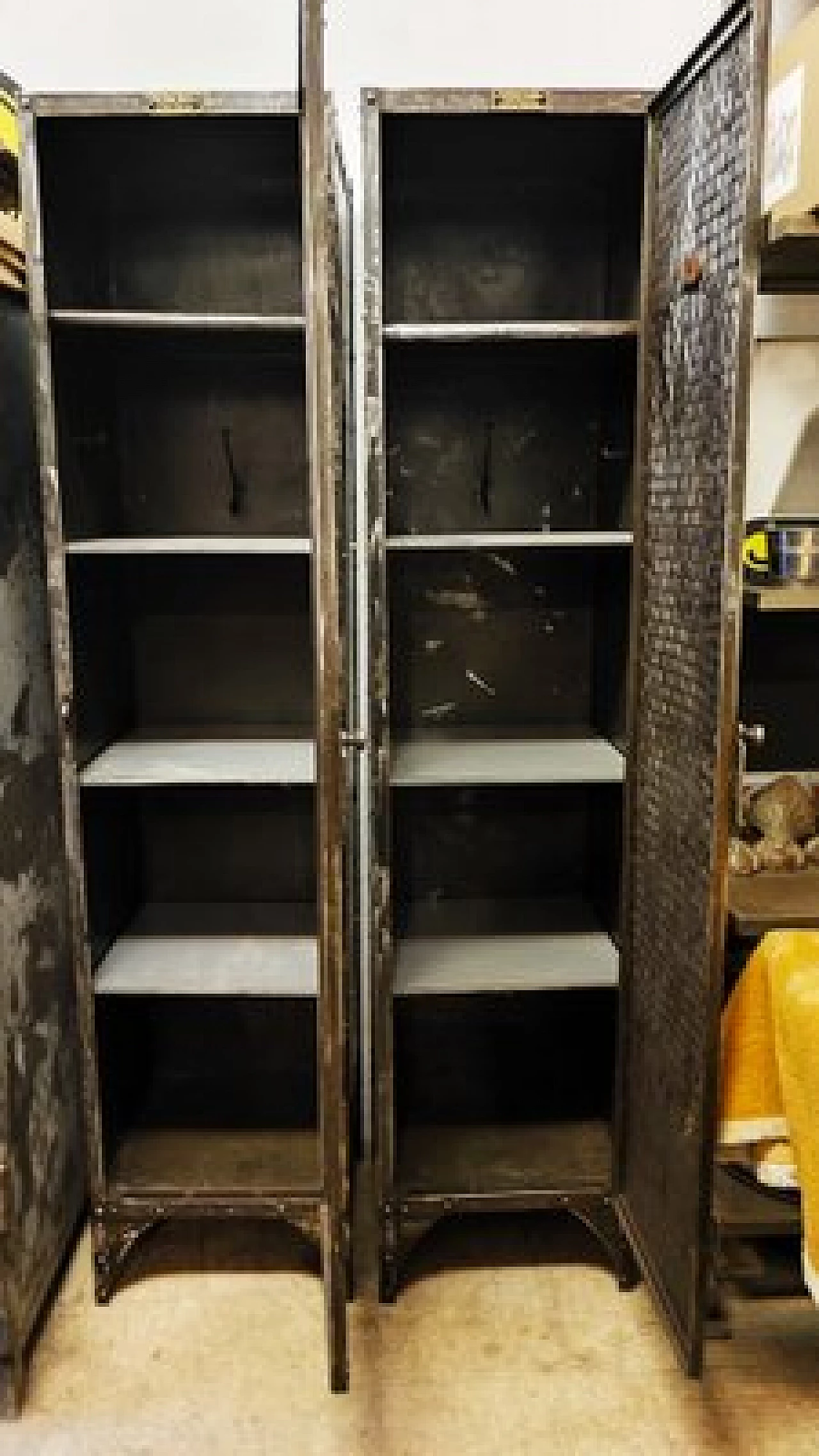 Pair of iron lockers with wooden shelves, 1950s 5