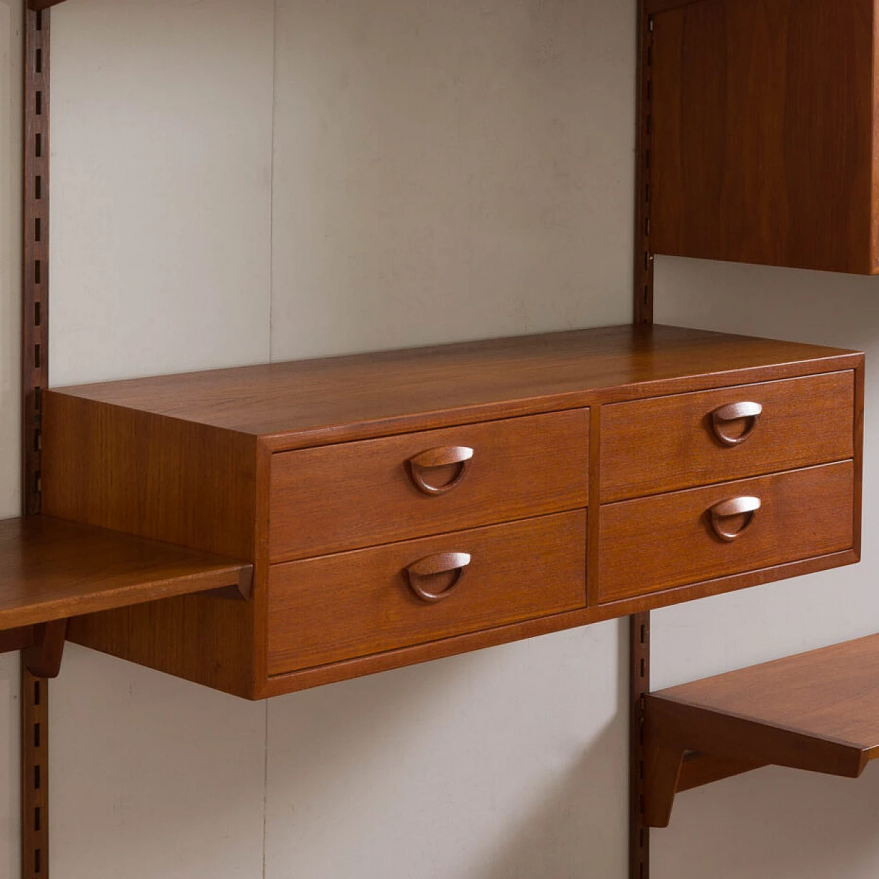 Modular teak bookcase with nine wall shelves and three cabinets by K. Kristiansen for FM Mobler, 1960s 13