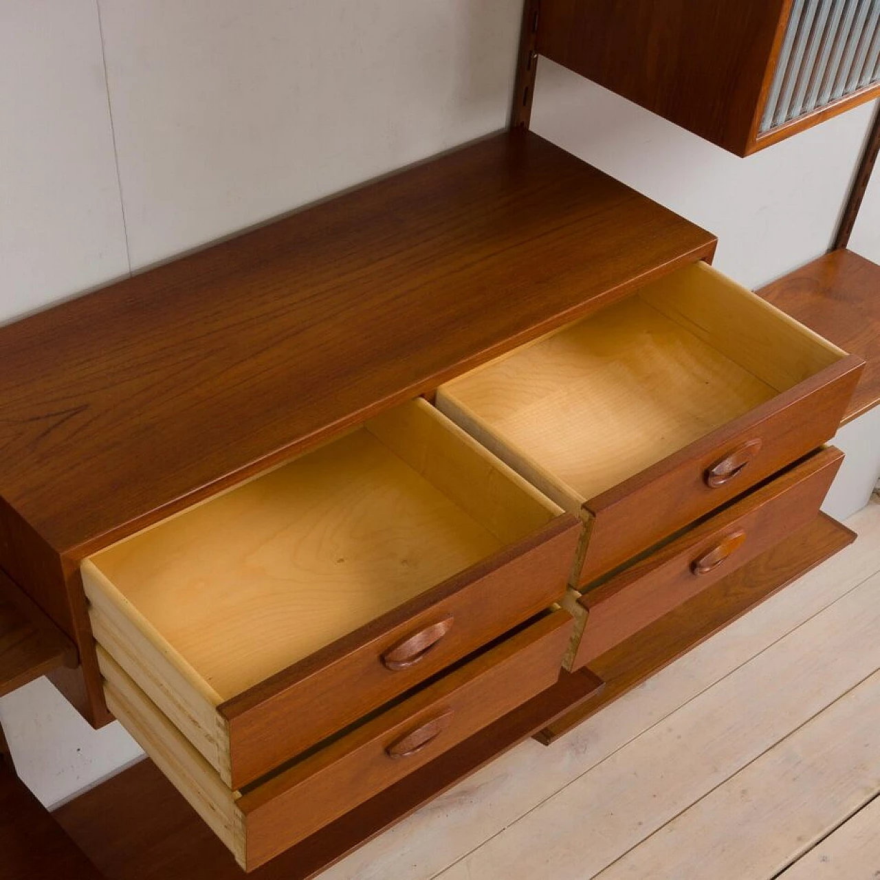 Modular teak bookcase with nine wall shelves and three cabinets by K. Kristiansen for FM Mobler, 1960s 15