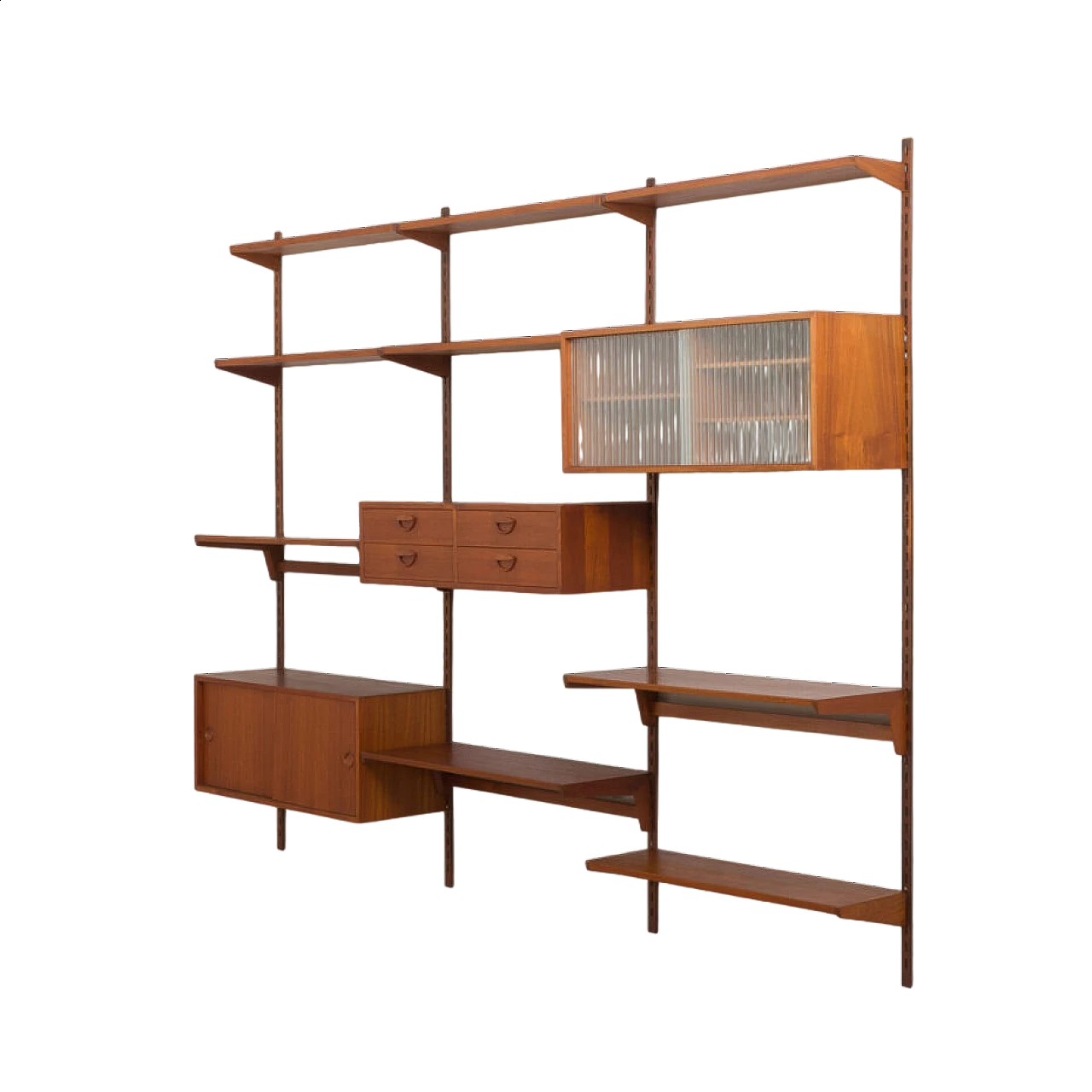 Modular teak bookcase with nine wall shelves and three cabinets by K. Kristiansen for FM Mobler, 1960s 27
