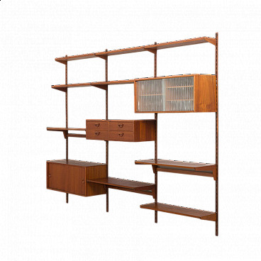 Modular teak bookcase with nine wall shelves and three cabinets by K. Kristiansen for FM Mobler, 1960s