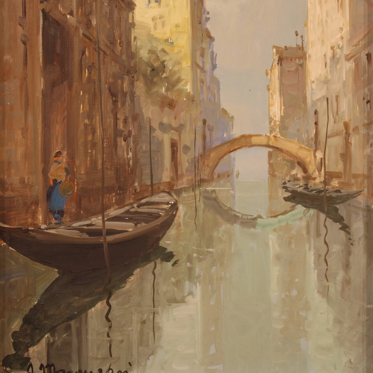 Dipinto di veduta di Venezia, olio su tela, anni '60 1