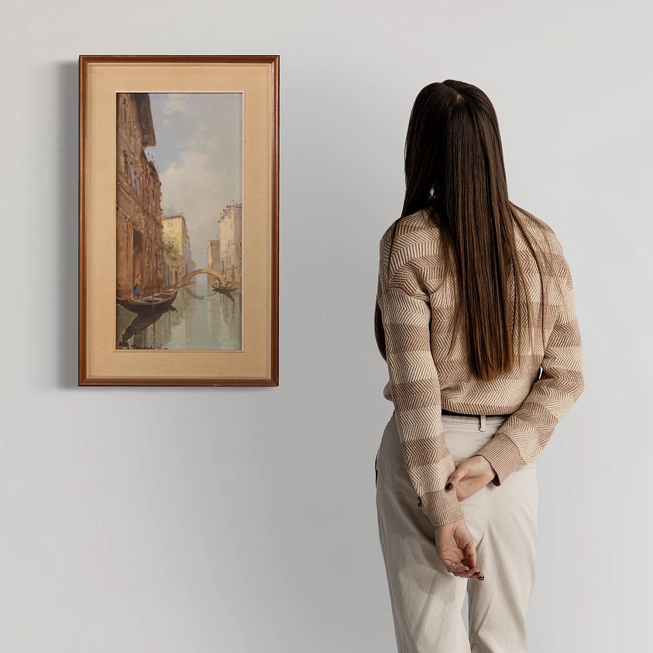 Dipinto di veduta di Venezia, olio su tela, anni '60 4