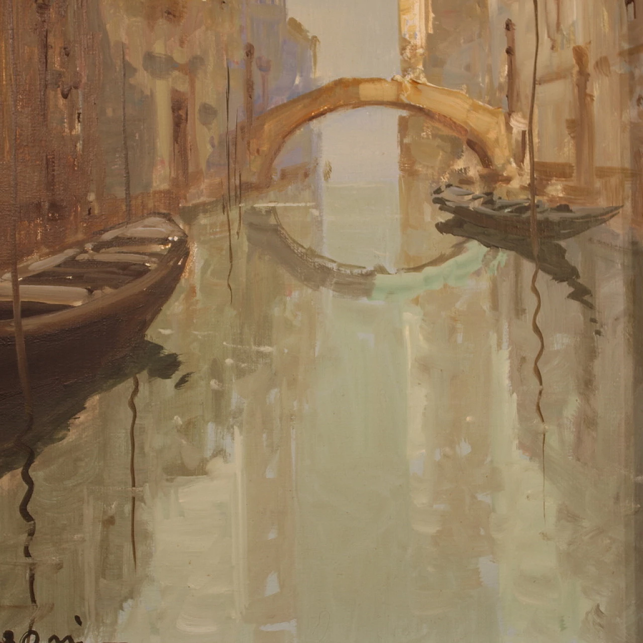 Dipinto di veduta di Venezia, olio su tela, anni '60 8