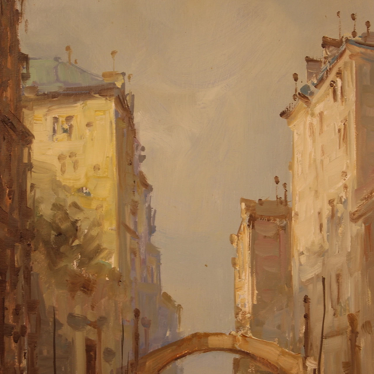 Dipinto di veduta di Venezia, olio su tela, anni '60 9