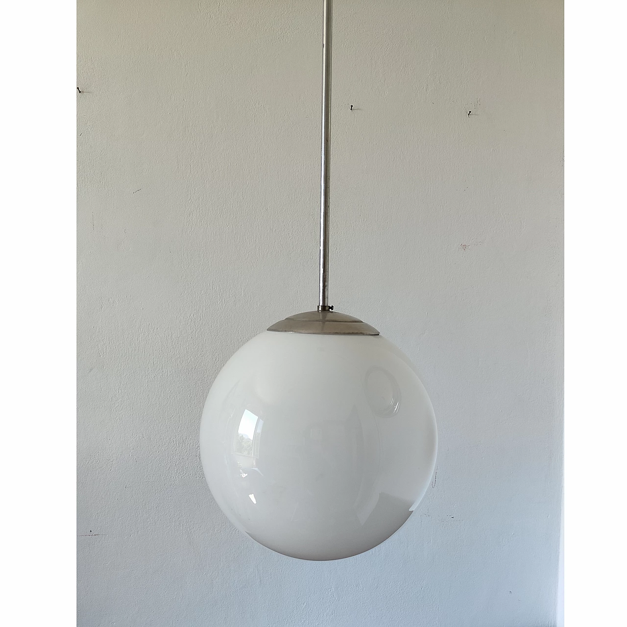 Bauhaus metal chandelier with opaline glass bowl, 1940s 6