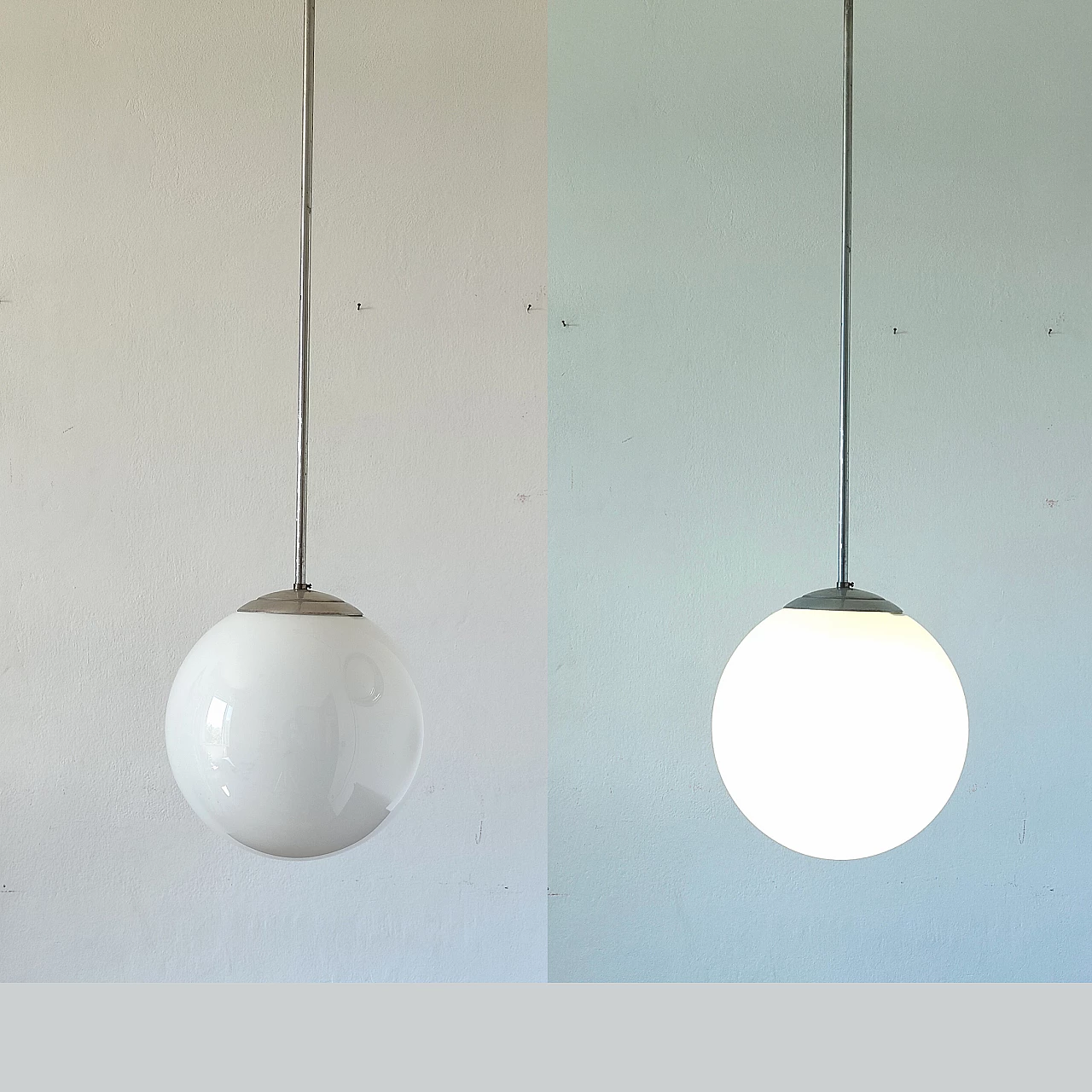 Lampadario Bauhaus in metallo con boccia in vetro opalino, anni '40 8